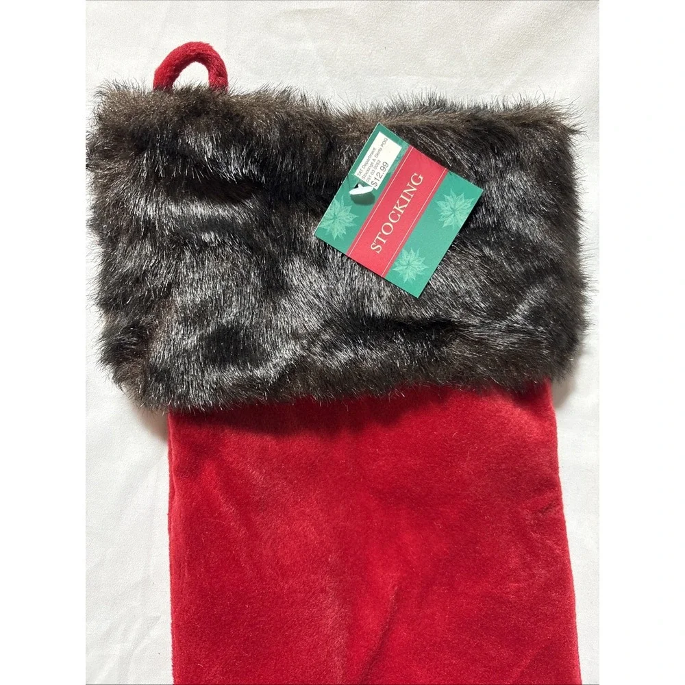 NEW RED CHRISTMAS STOCKING BROWN FAUX FUR CUFF 18